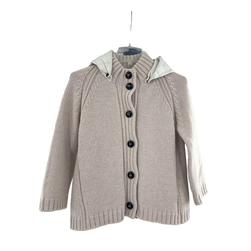 Duvetica Beige White Wool Blend‎ Hooded Cardigan Quilted Accents Button Closure